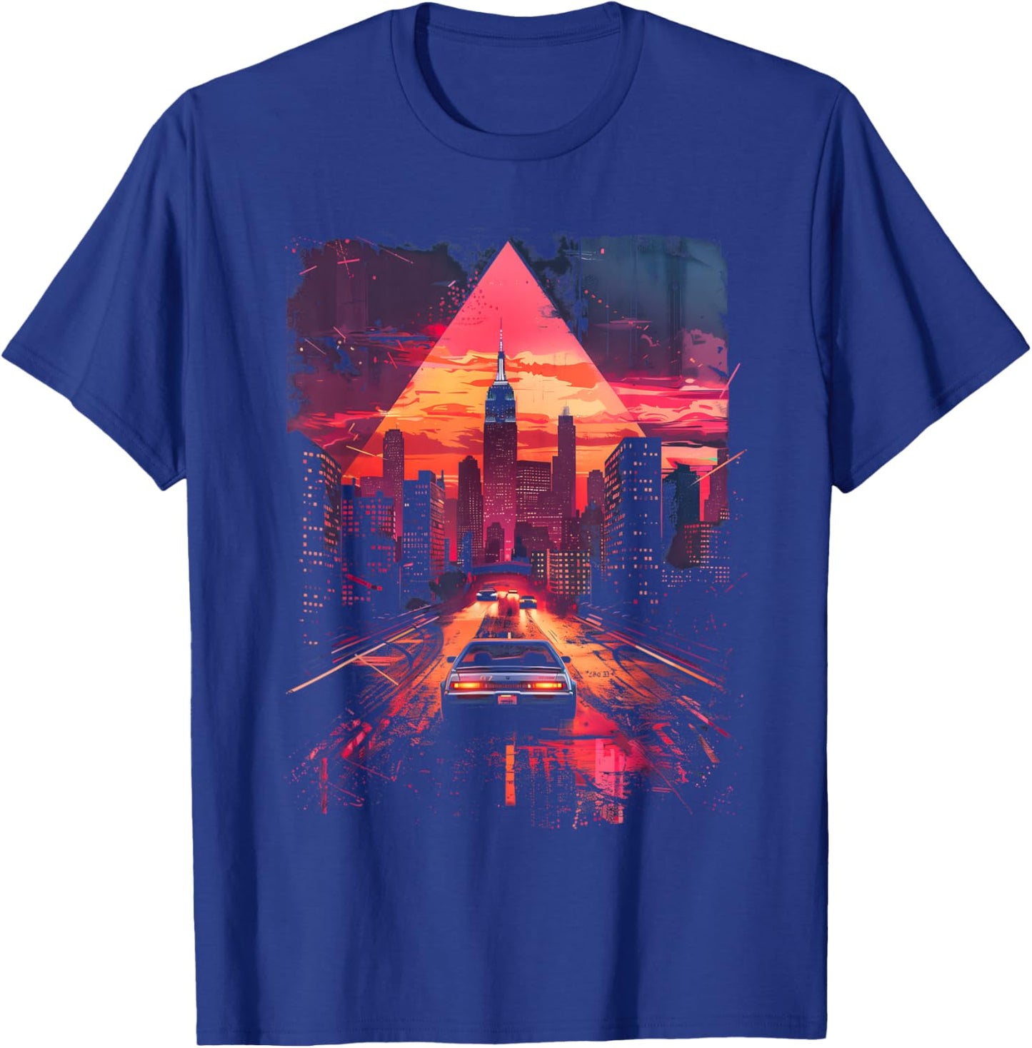 Retro Car 1980s 1990s Retrowave Aesthetic City Skyline T-Shirt - T-Shirt | Royal