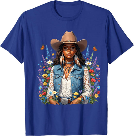 Beautiful Black Cowgirl with Wildflower Western Vibes Flower T-Shirt - T-Shirt | Royal