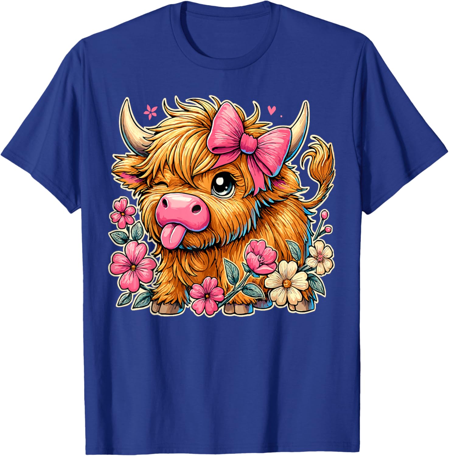 Cute Highland Cow with Bow and Flowers T-Shirt - T-Shirt | Royal