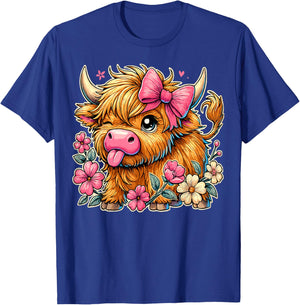 Cute Highland Cow with Bow and Flowers T-Shirt - T-Shirt | Royal