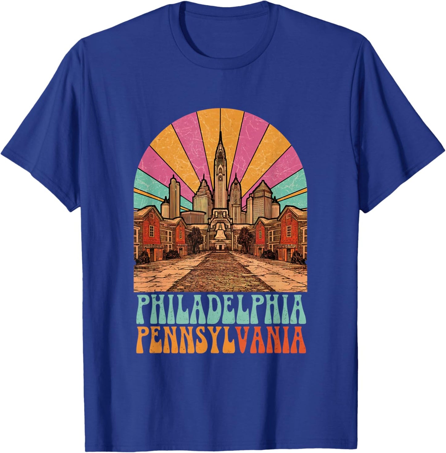 Vintage Philadelphia Pennsylvania Skyline Cityscape Retro T-Shirt - T-Shirt | Royal