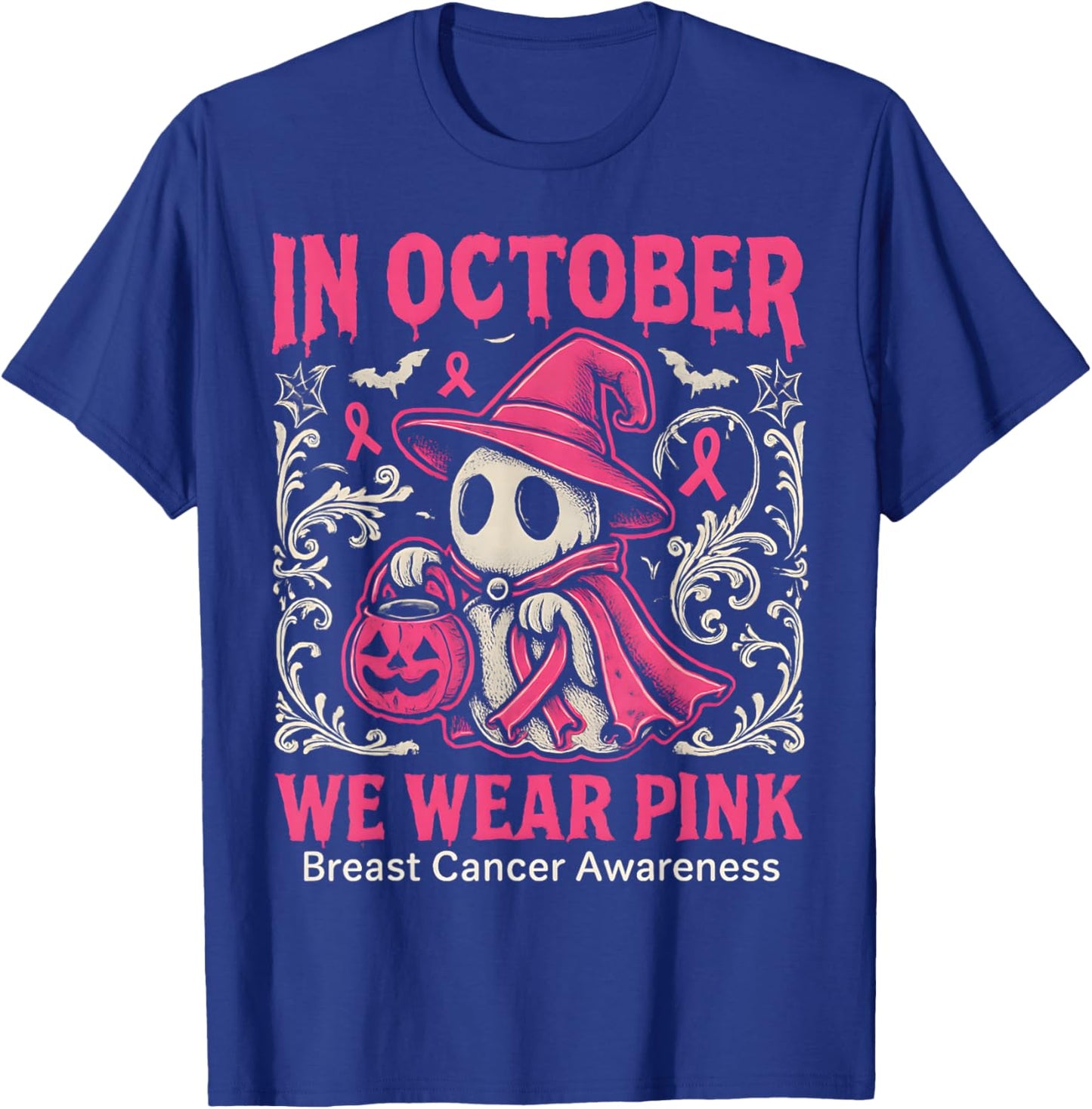 in October We Wear Pink Ghost Halloween Women Breast Cancer T-Shirt - T-Shirt | Royal