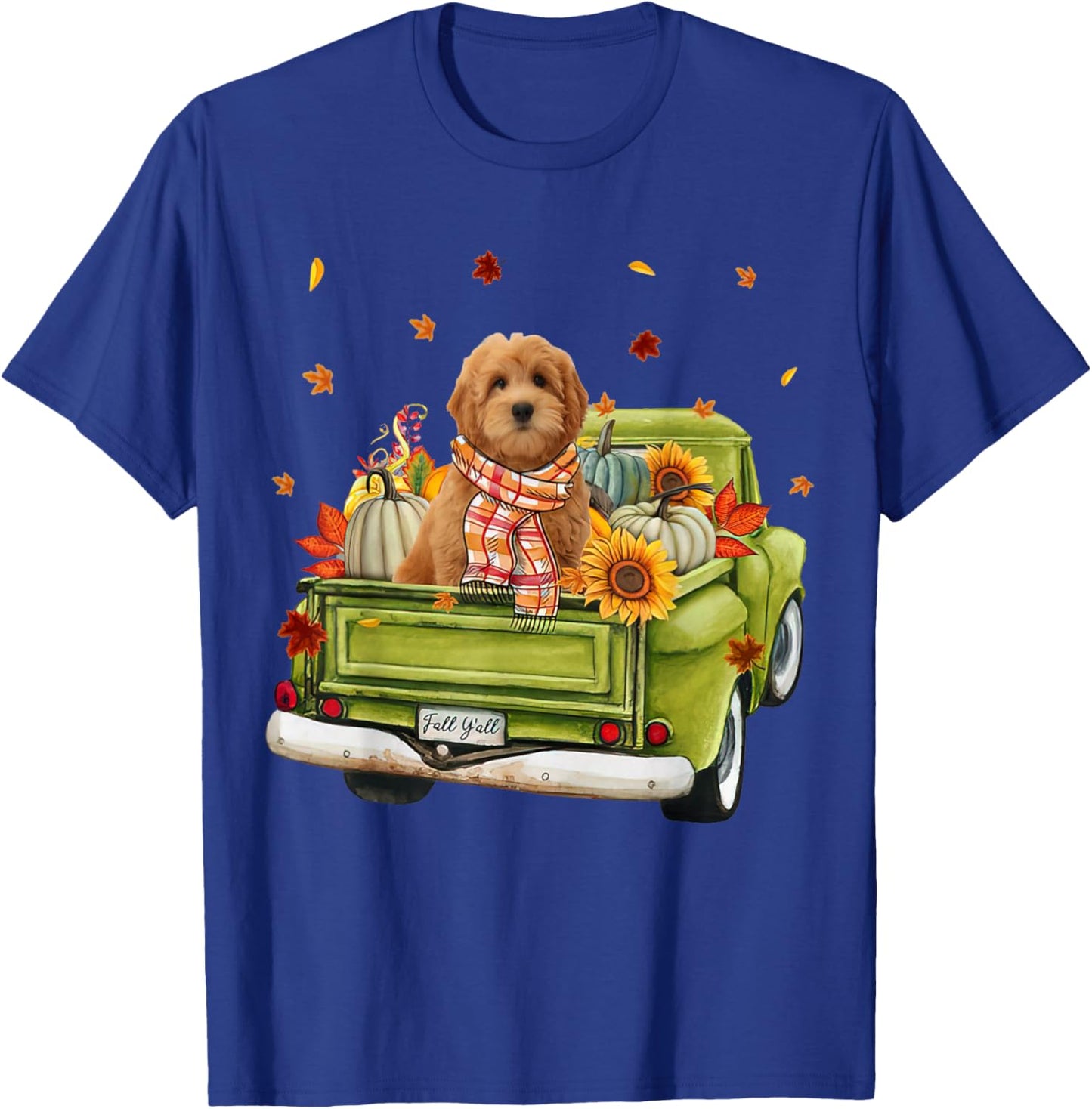 Happy Fall Y'all Goldendoodle Dog On Truck Pumpkin Fall T-Shirt - T-Shirt | Royal