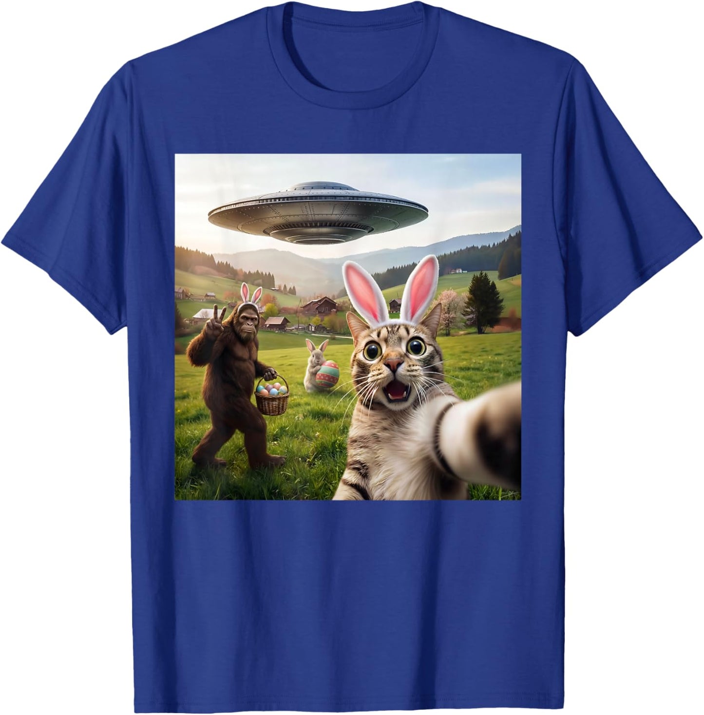 Lustiges Katzen-Selfie mit Osterhase Bigfoot UFO für Männer Frauen T-Shirt - T-Shirt | Royal