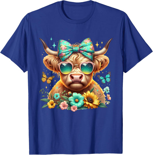Highland Cow Mama Floral Bow Glasses Butterfly Orange Teal T-Shirt - T-Shirt | Royal