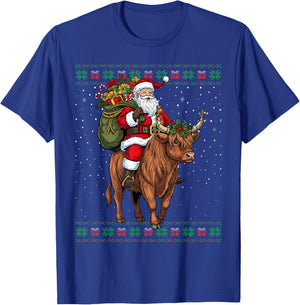 Santa Riding Highland Cow Ugly Christmas Sweater T-Shirt - T-Shirt | Royal