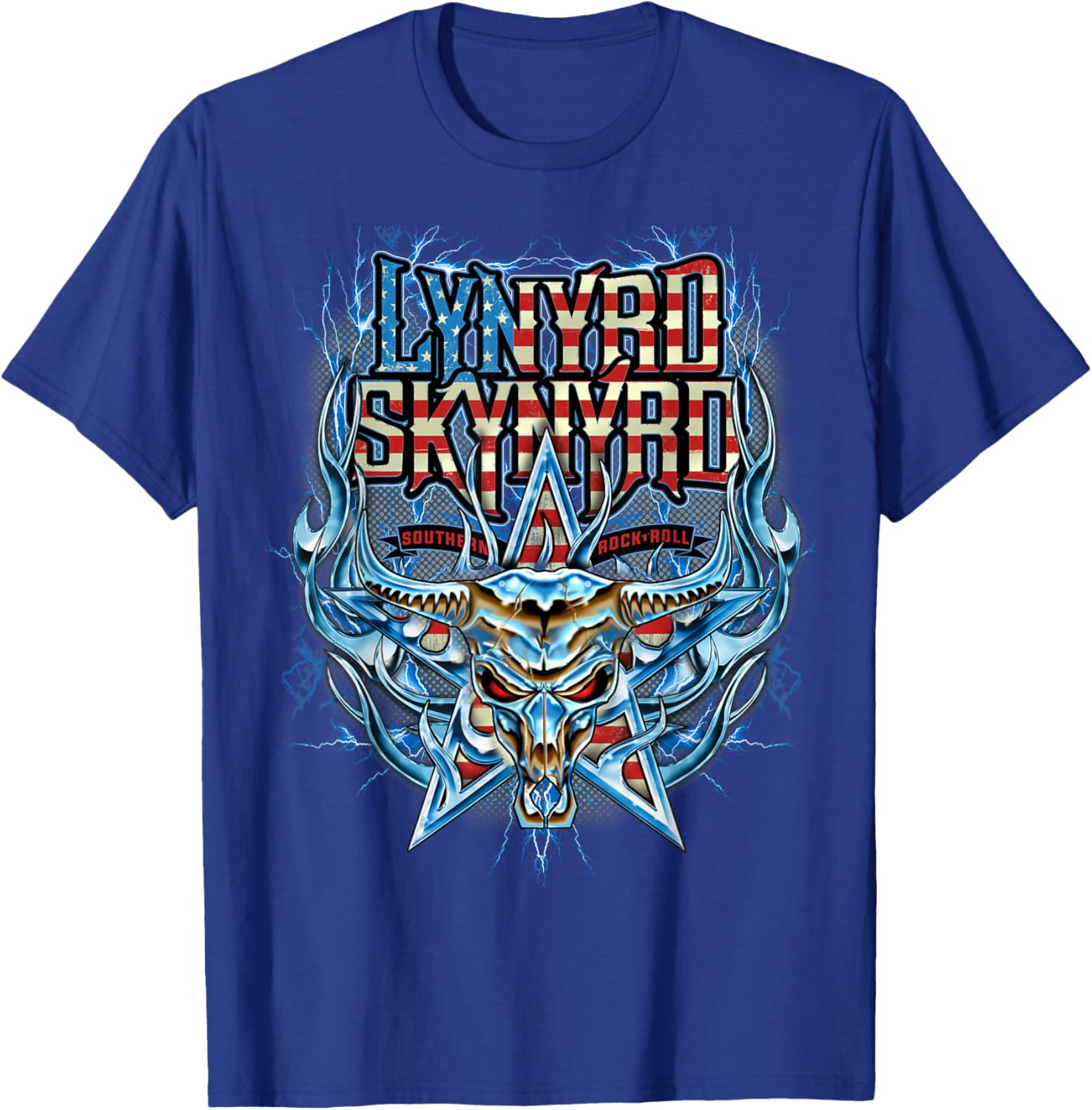 Lynyrd Skynyrd Steer USA Flag Southern Rock 80s Retro T-Shirt - T-Shirt | Royal