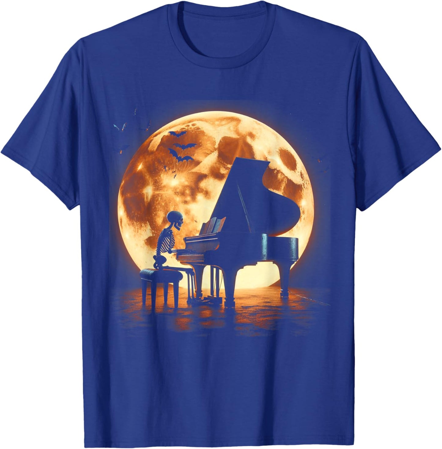 Skeleton Playing Piano Moon Halloween Music T-Shirt - T-Shirt | Royal