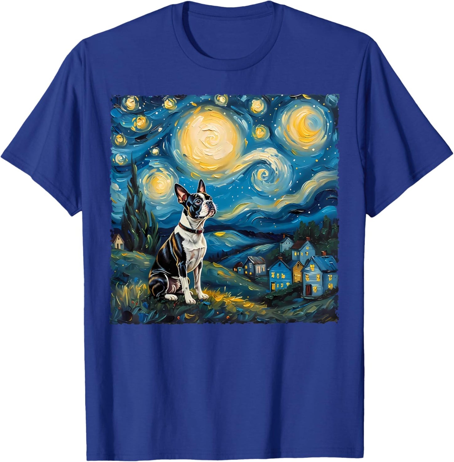 Boston Terrier Dog Lovers Starry Night Van Gogh Style Art T-Shirt - T-Shirt | Royal