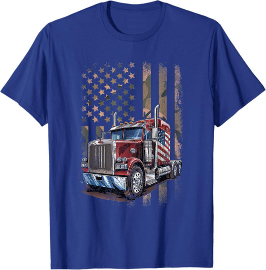 Truck Driver Camo USA American Flag Shirt Vintage Semi Truck T-Shirt - T-Shirt | Royal