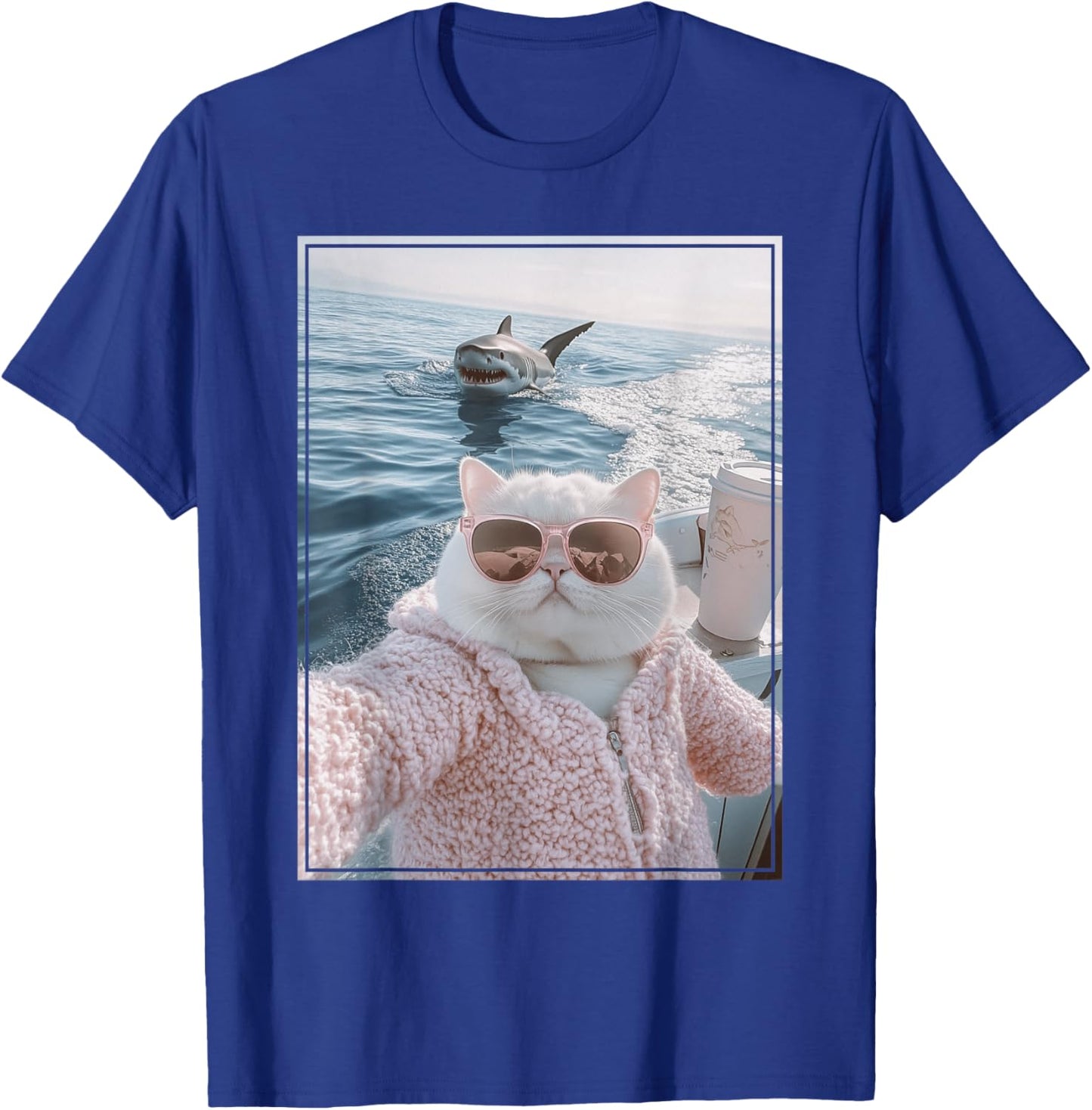 Cool Fat Cat Selfie on Yacht Boat with Shark Funny Cat Meme Women Kids T-Shirt - T-Shirt | Royal