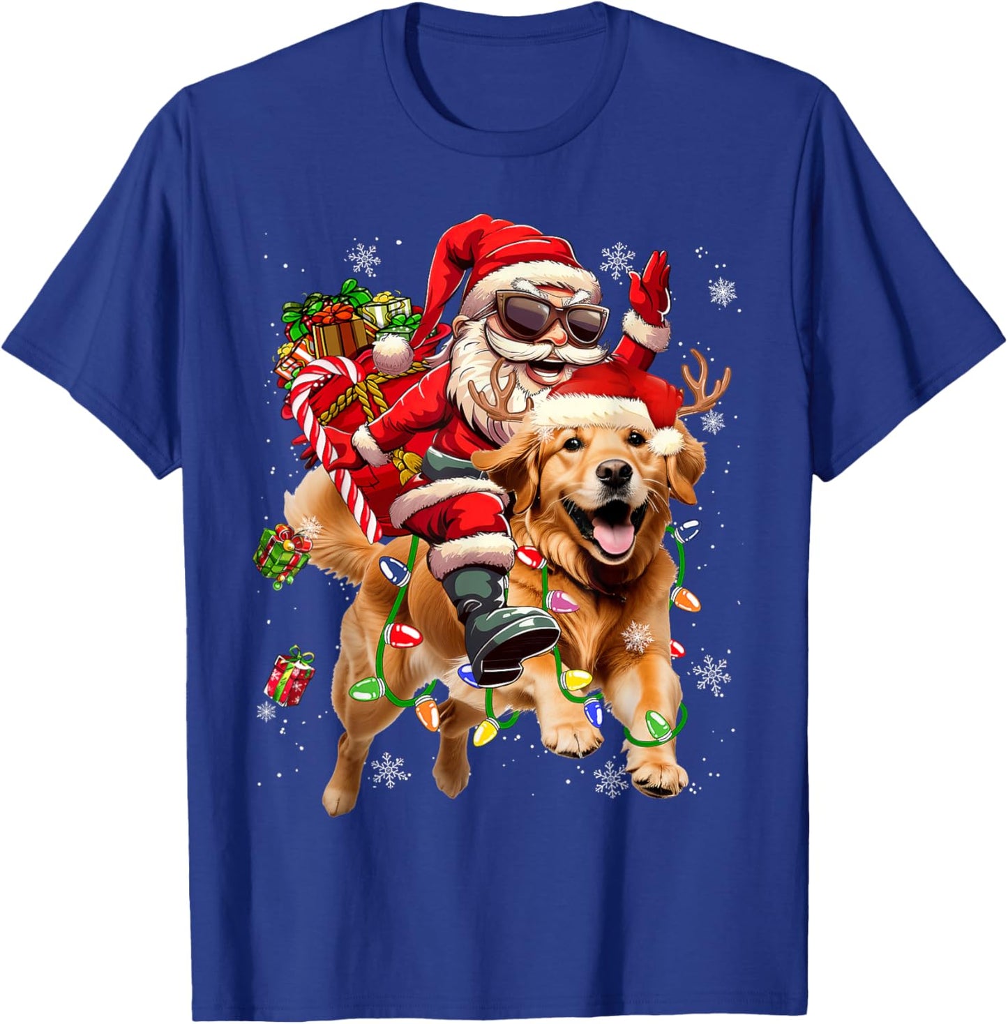 Merry Christmas 2025 Santa Riding Golden Retriever Dog Xmas T-Shirt - T-Shirt | Royal