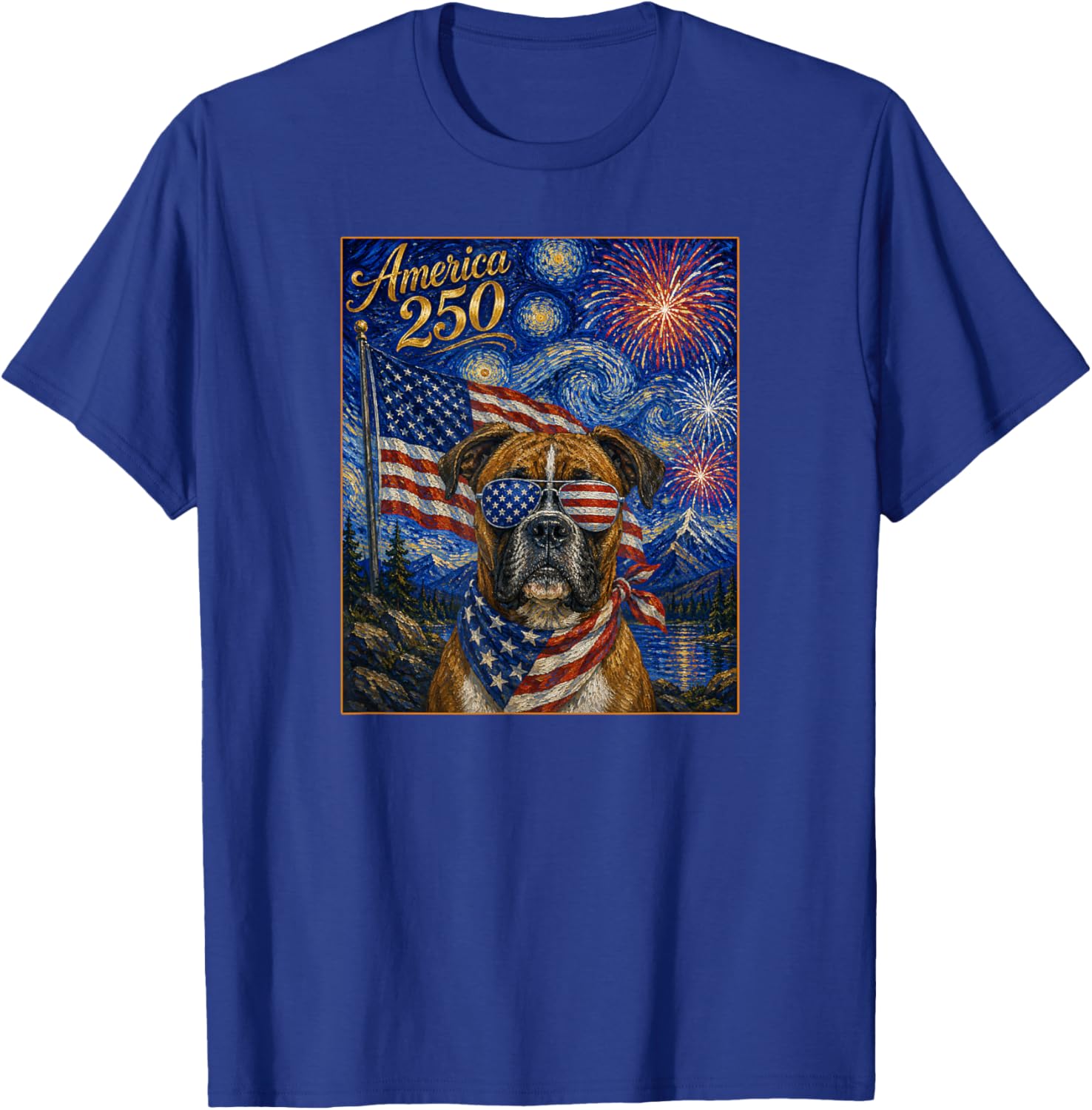 Boxer Dog Art on America 250 Anniversay 4th of July USA Flag T-Shirt - T-Shirt | Royal