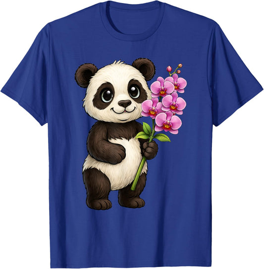 Cute Panda Bear Holding Orchid Flower T-Shirt - T-Shirt | Royal