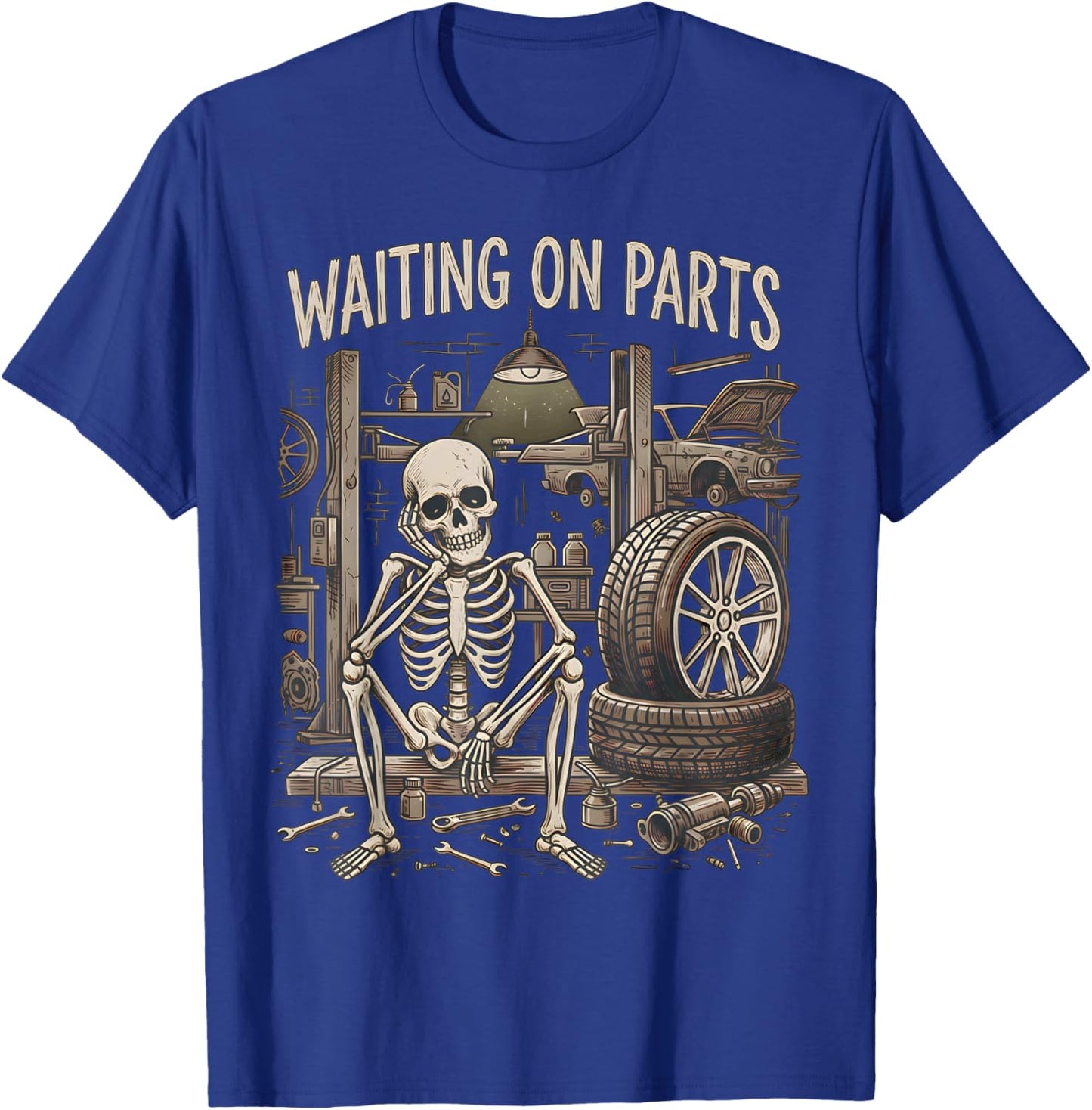 Waiting On Parts Funny Skeleton Auto Mechanic Technician T-Shirt - T-Shirt | Royal