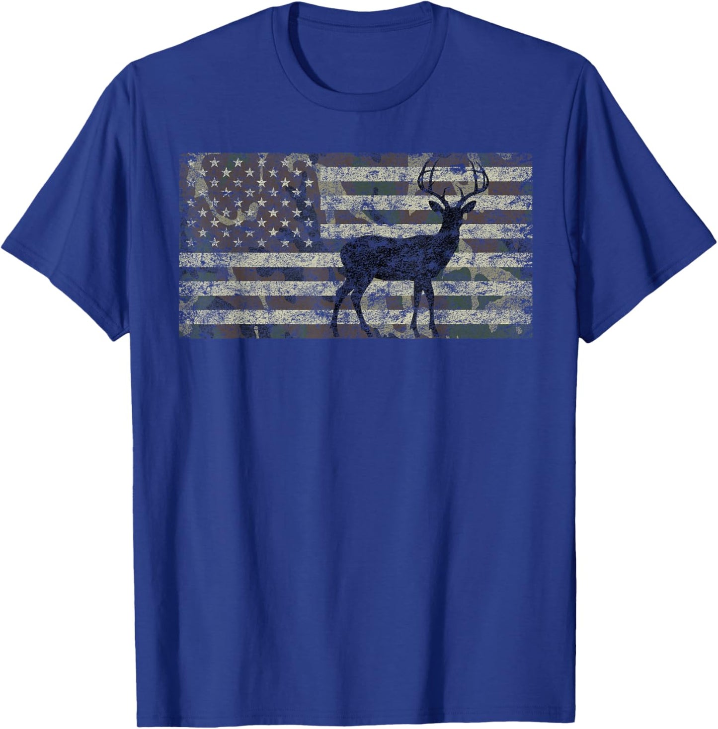 Deer Hunting Camo American Flag Buck Standing Hunter Country T-Shirt - T-Shirt | Royal