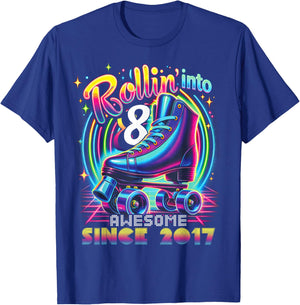 Birthday Roller Skating 8th Girls Rollin into 8 Skate Party T-Shirt - T-Shirt | Royal