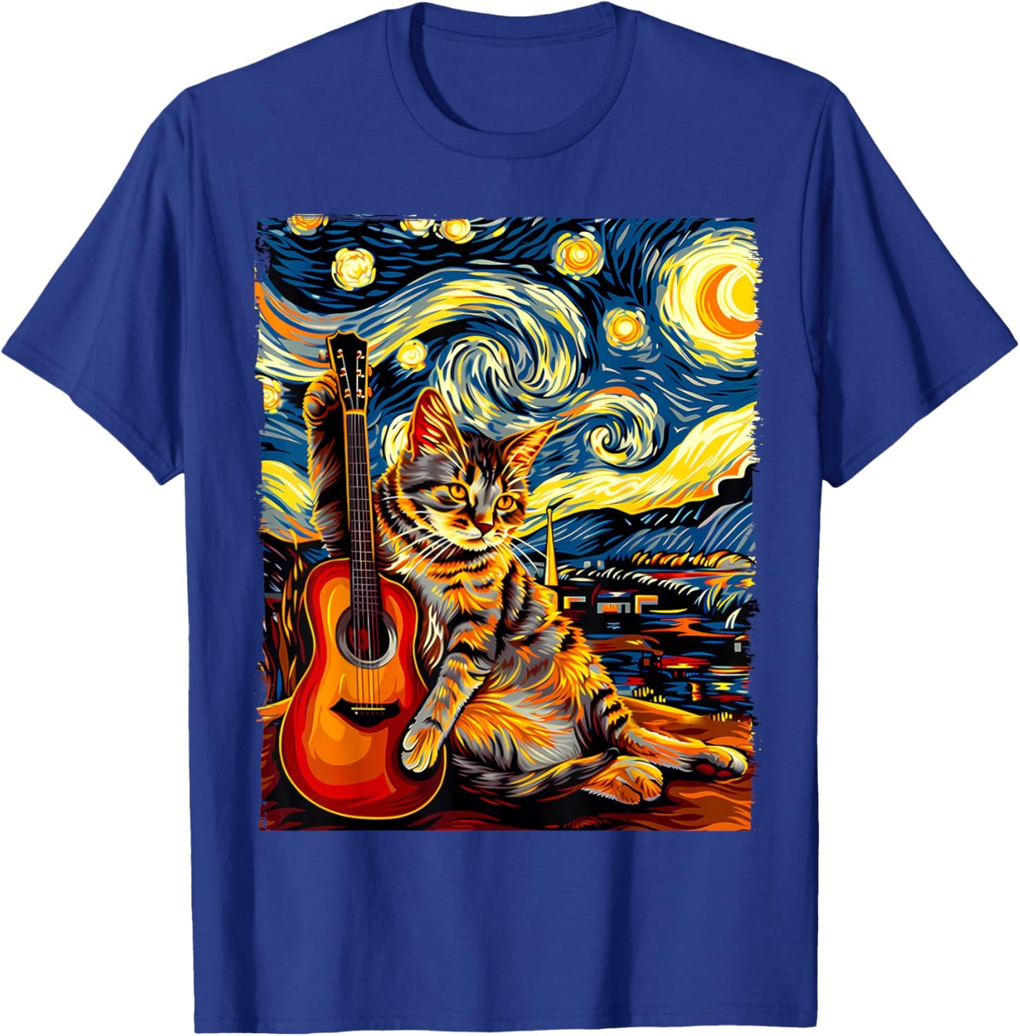 Painting A Cat Playing Guitar in The Starry Night, Cat Art T-Shirt - T-Shirt | Royal