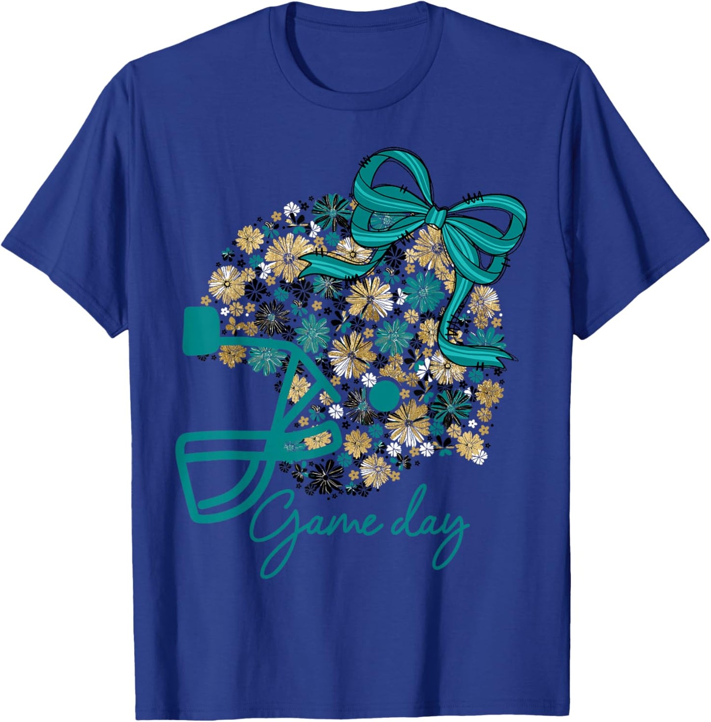 Floral Football Game Day Girly Team Spirit Black Teal & Gold T-Shirt - T-Shirt | Royal