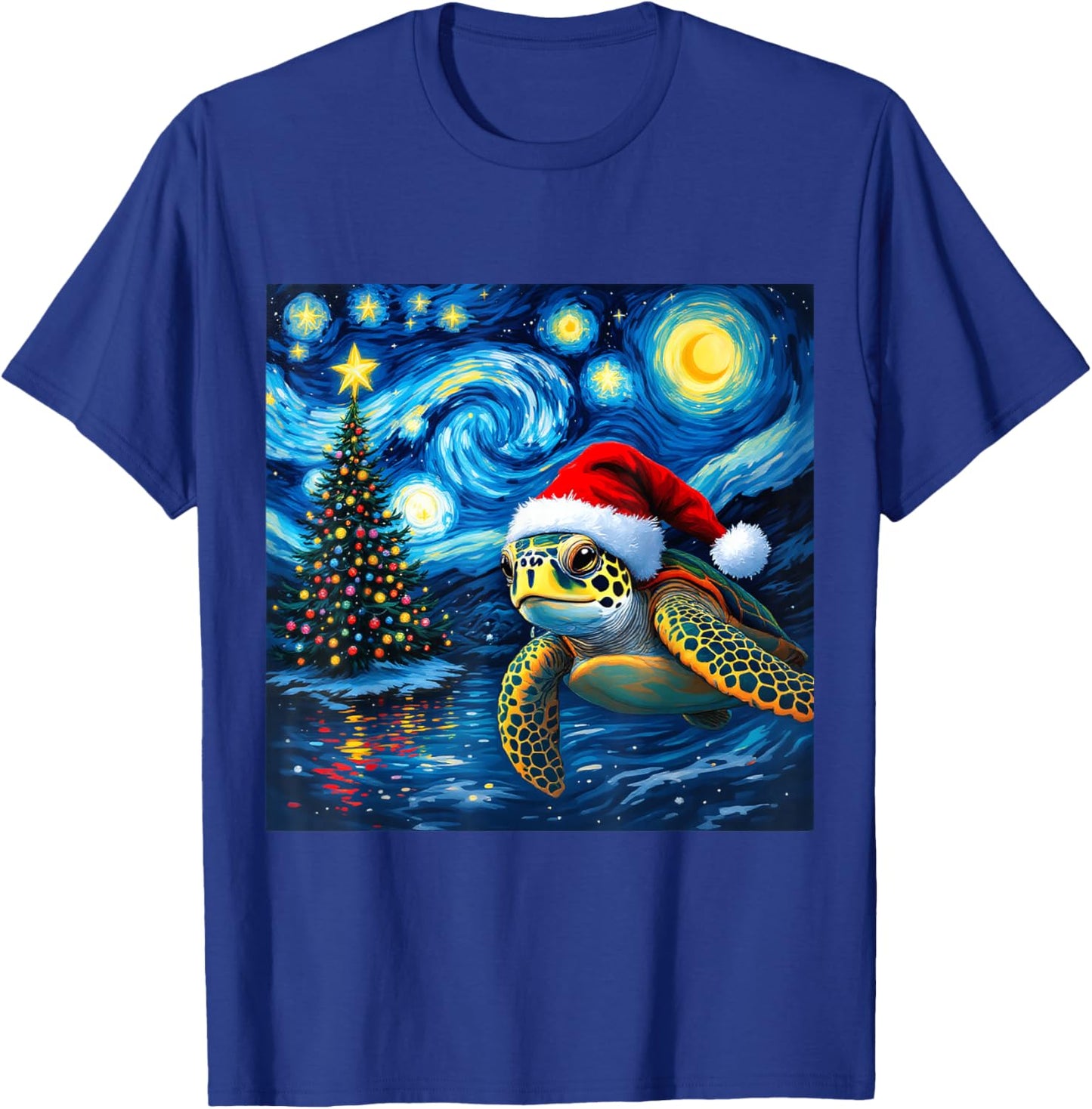 Christmas Sea Turtle Santa Hat Van Gogh Starry Night Holiday T-Shirt - T-Shirt | Royal