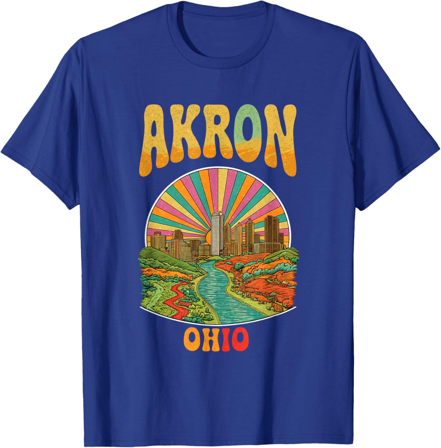 Vintage Akron Ohio Sunset Skyline Cityscape T-Shirt - T-Shirt | Royal