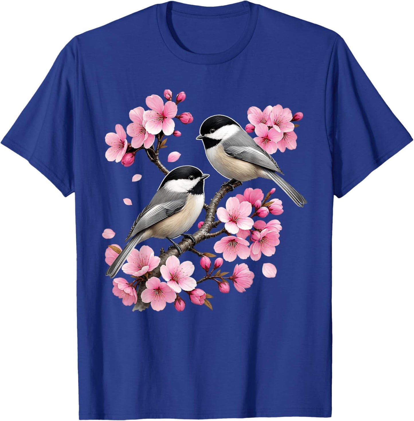 Black Capped Chickadee Cherry Blossom Floral Bird Watching T-Shirt - T-Shirt | Royal