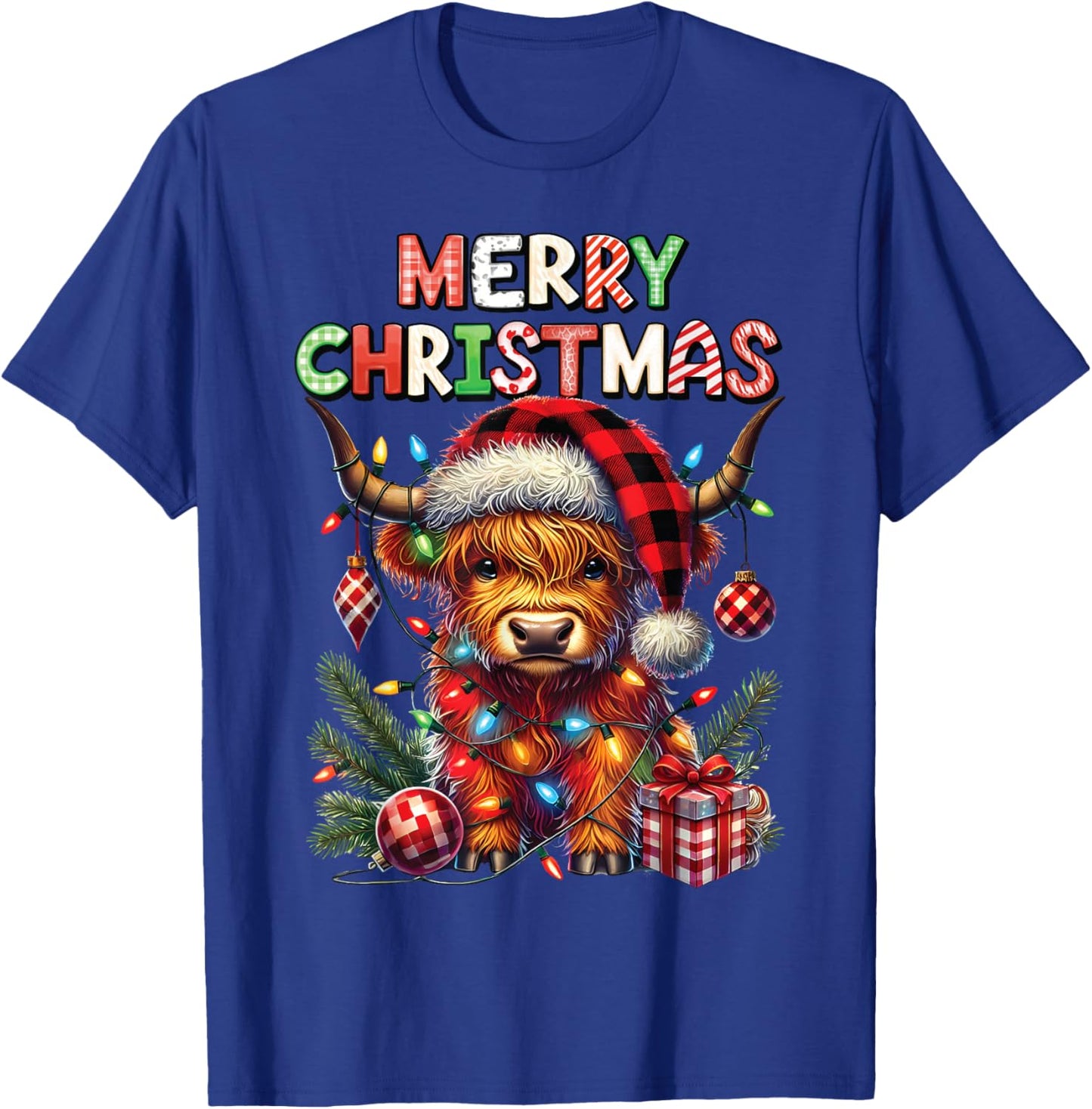 Merry Christmas Scottish Highland Cow Xmas Farm Animal Lover T-Shirt - T-Shirt | Royal
