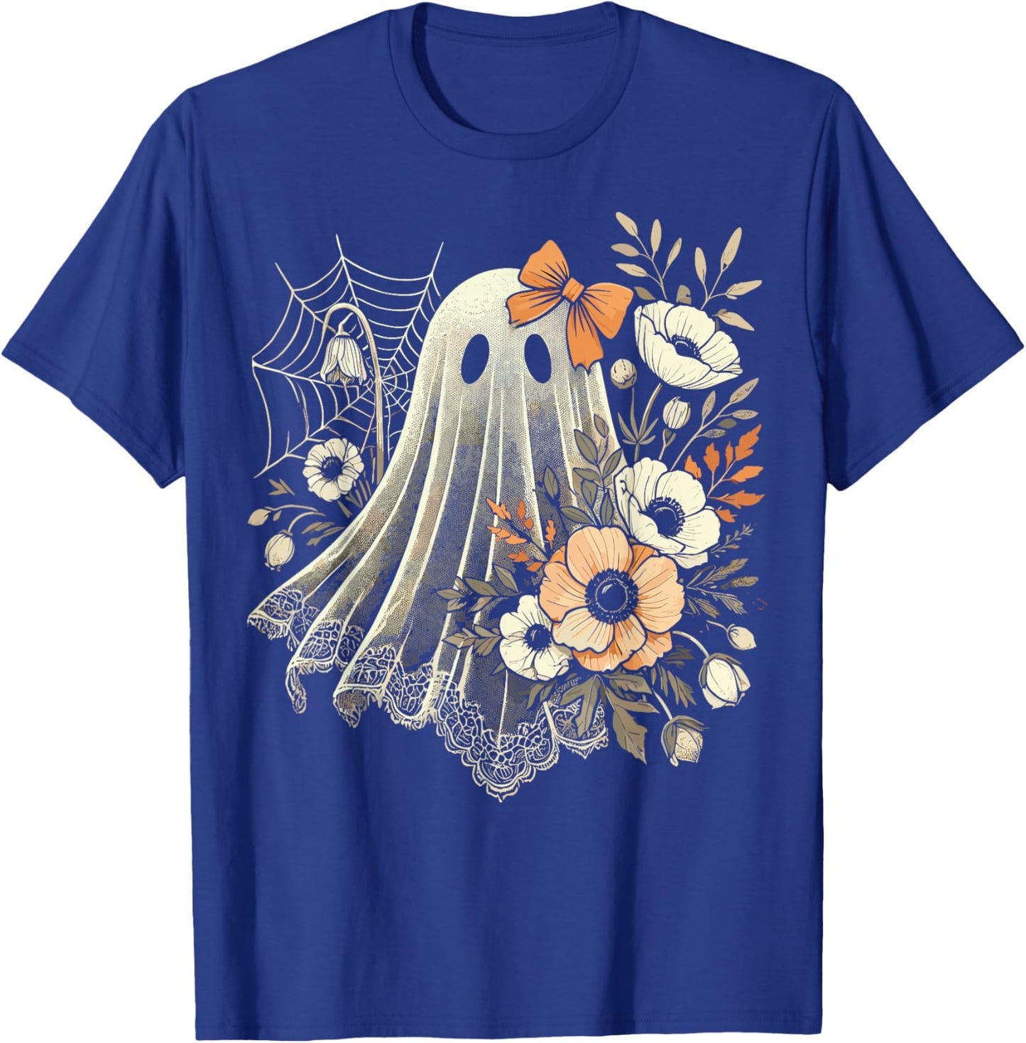 Halloween Ghost with Flowers Vintage T-Shirt - T-Shirt | Royal
