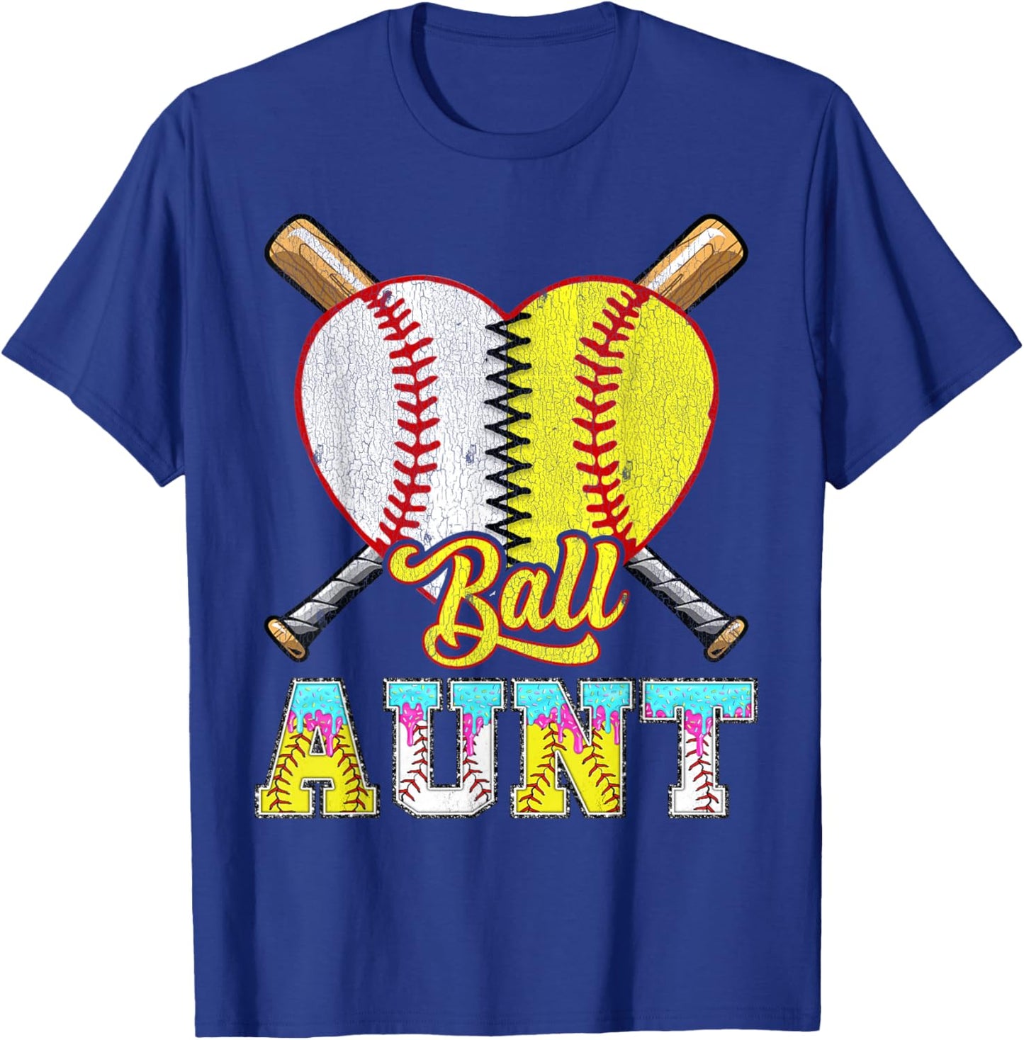 Aunt of Both Half Baseball Softball Ice Cream Drip T-Shirt - T-Shirt | Royal