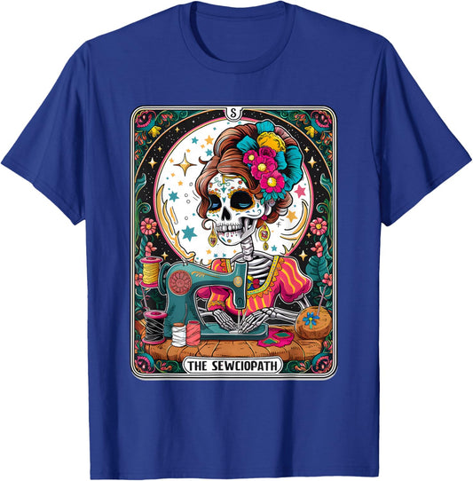 The Sew-ciopath Funny Tarot Card Sewing Skeleton T-Shirt - T-Shirt | Royal