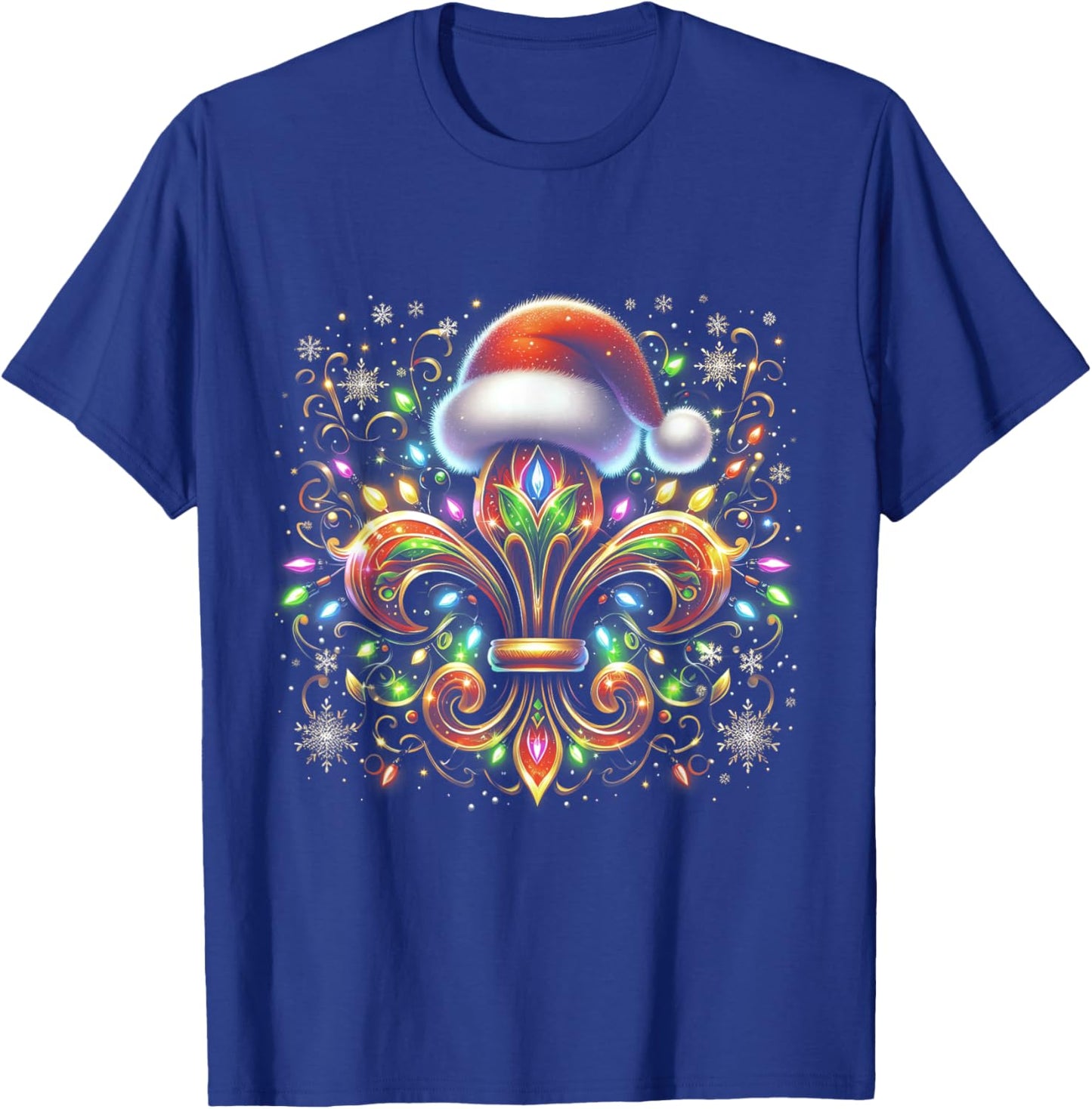 Fleur De-Lis Christmas Ornament with Santa Hat Xmas Lights T-Shirt - T-Shirt | Royal