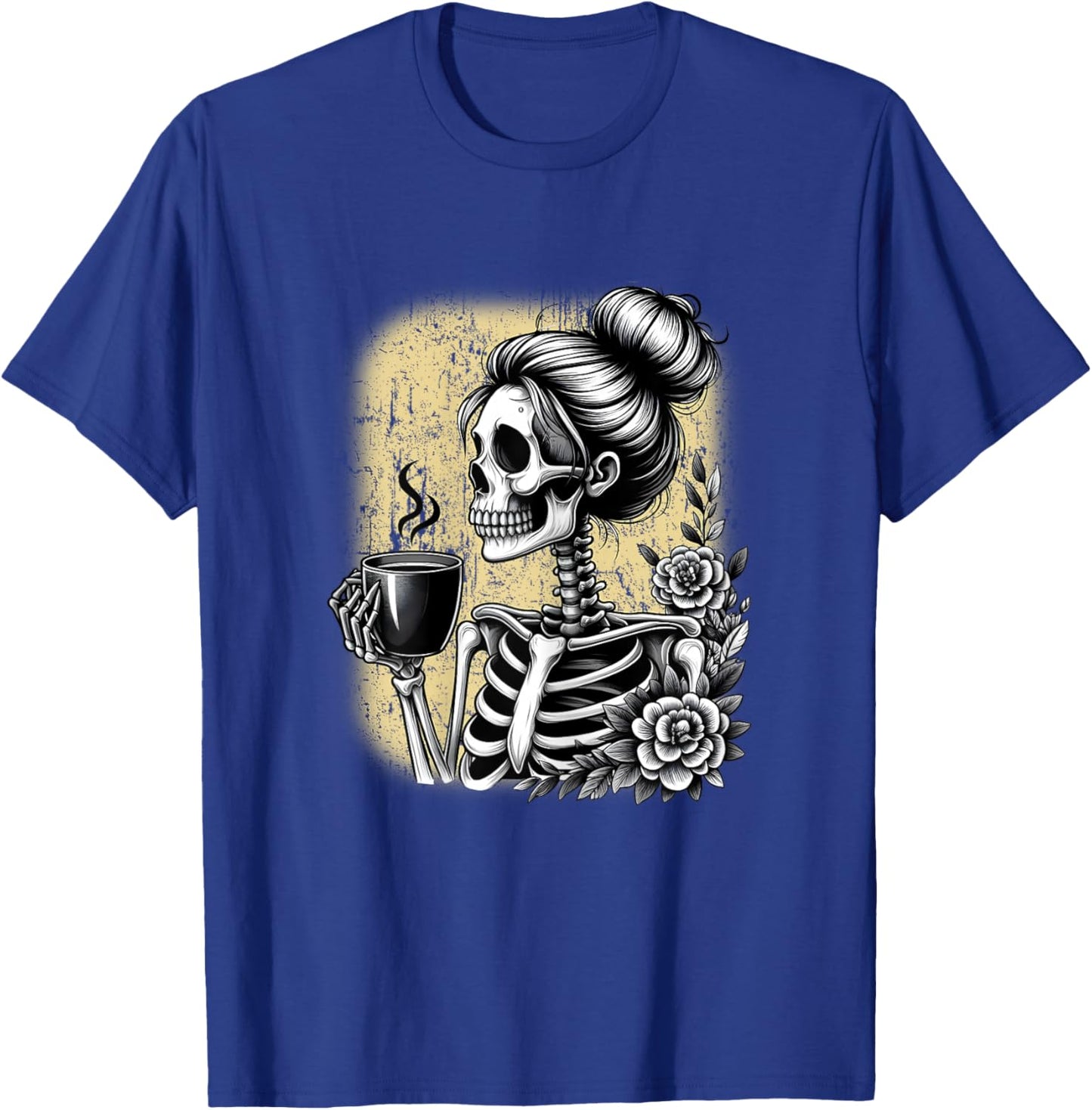 Messy Bun Skeleton Drinking Coffee Vintage Halloween Funny T-Shirt - T-Shirt | Royal