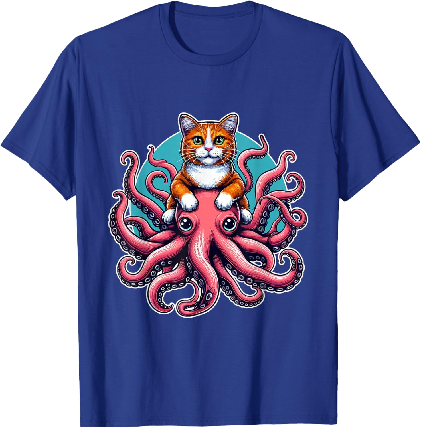 Cat Riding Octopus Shirt Funny Sea Animal Pet Kitten Lover Women Kids T-Shirt - T-Shirt | Royal