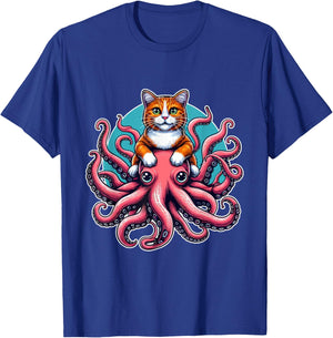 Cat Riding Octopus Shirt Funny Sea Animal Pet Kitten Lover Women Kids T-Shirt - T-Shirt | Royal
