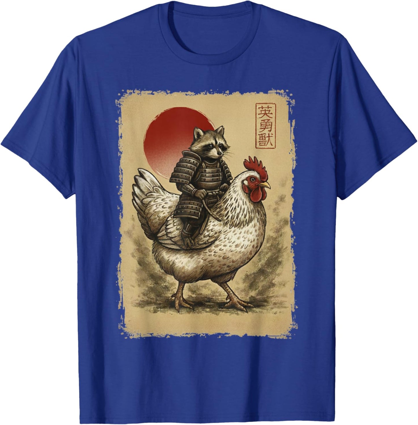 Funny Vintage Samurai Raccoon Riding Chicken Japanese Art T-Shirt - T-Shirt | Royal