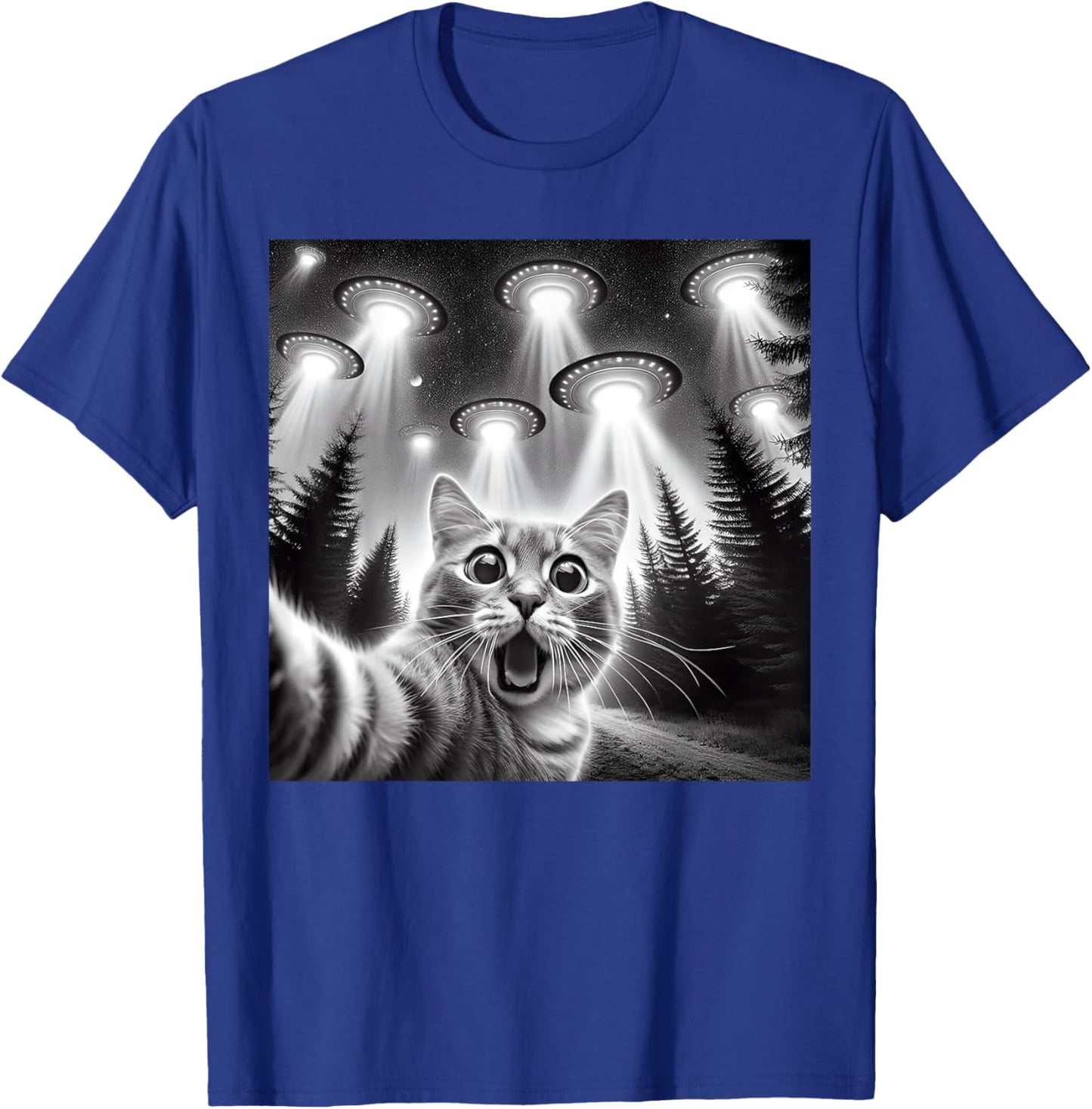 Cat Selfie With Alien UFO Funny Cat Gifts Women Kids T-Shirt - T-Shirt | Royal