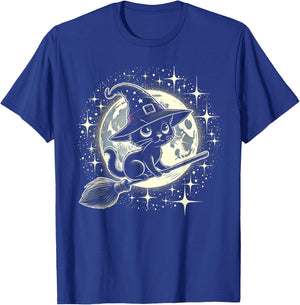 Witchy Black Cat on a Broomstick with Full Moon Halloween T-Shirt - T-Shirt | Royal