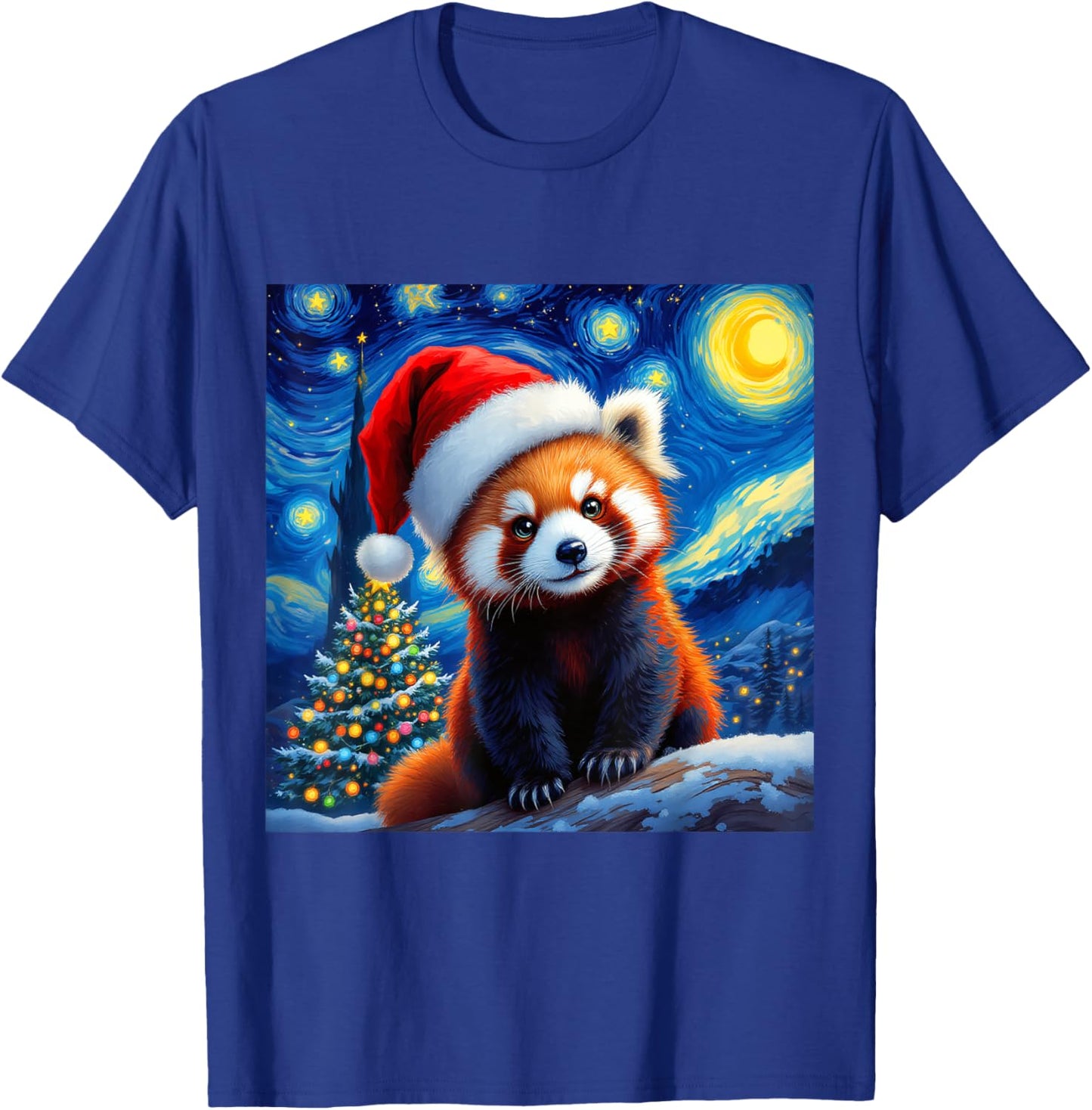 Christmas Red Panda Santa Hat Van Gogh Starry Night Holiday T-Shirt - T-Shirt | Royal