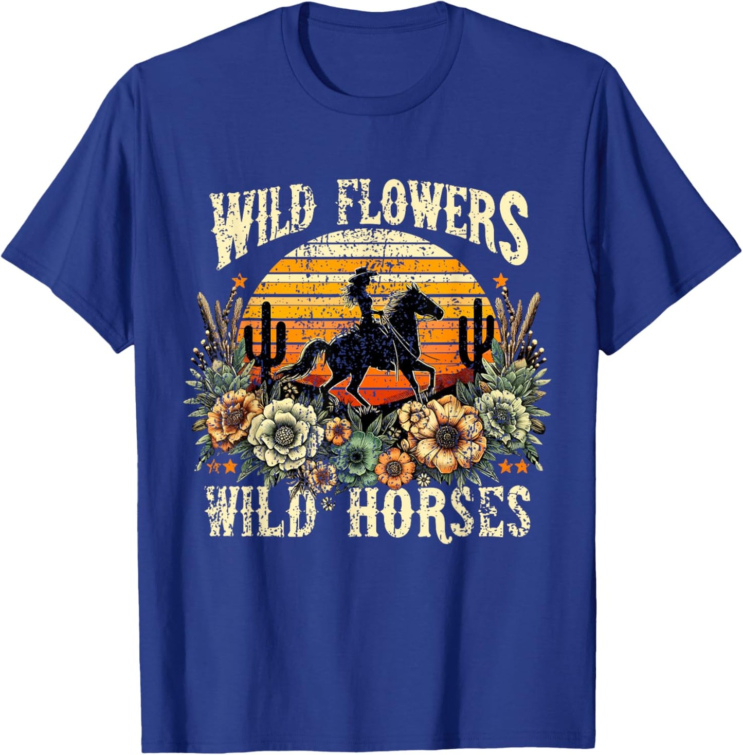 Retro Cowgirl Wild Flowers - Wild Horses Vintage Style T-Shirt - T-Shirt | Royal