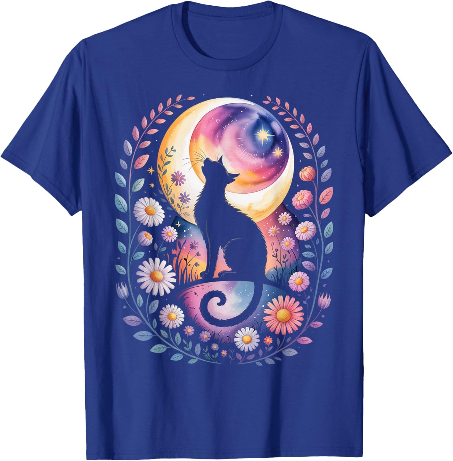 Mystic Moon Cat with Stars - Witchy Halloween Celestial Art T-Shirt - T-Shirt | Royal