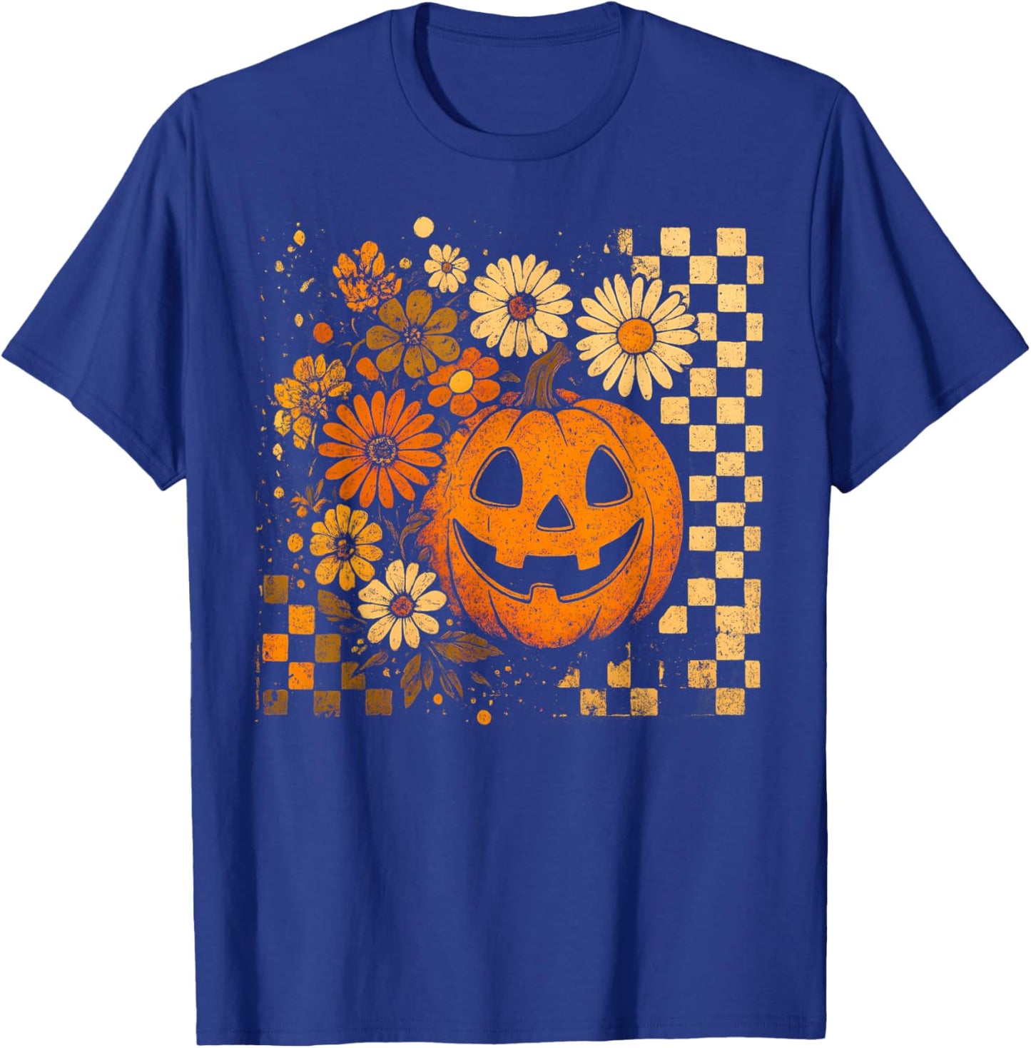 Retro Pumpkin Sunflower Daisy Thanksgiving Halloween Fall T-Shirt - T-Shirt | Royal