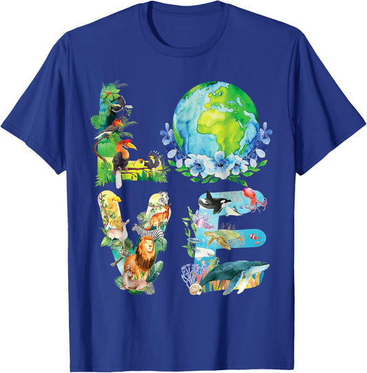 Love World Earth Day 2025 Planet Environmental Animal T-Shirt - T-Shirt | Royal