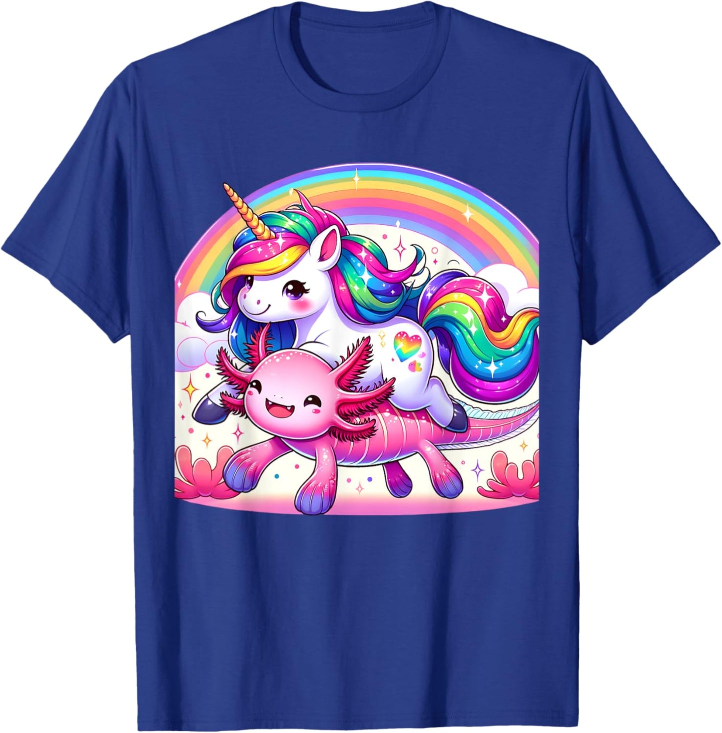 Unicorn Riding Axolotl Kawaii Kids Girls Boys Men Rainbow T-Shirt - T-Shirt | Royal