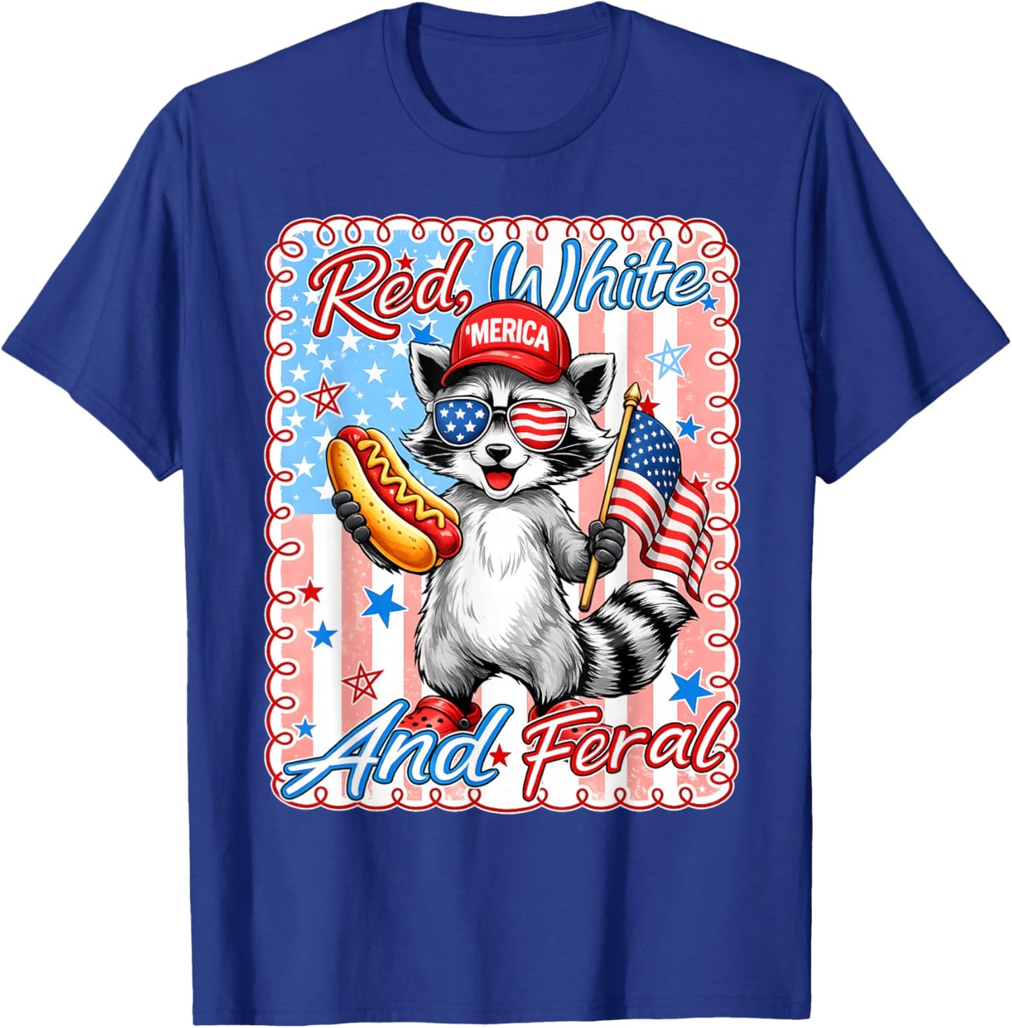 Preppy Red White and Feral Raccoon 4th of July Men Women Kid T-Shirt - T-Shirt | Royal