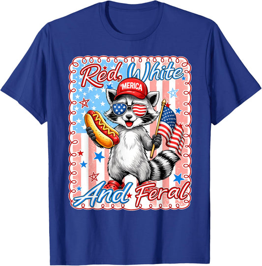 Preppy Red White and Feral Raccoon 4th of July Men Women Kid T-Shirt - T-Shirt | Royal