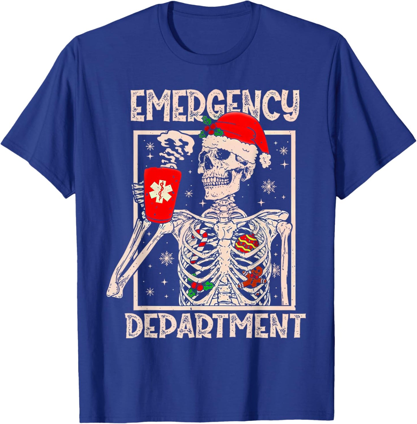 Emergency Department Skeleton Coffee ER Nurse Christmas T-Shirt - T-Shirt | Royal