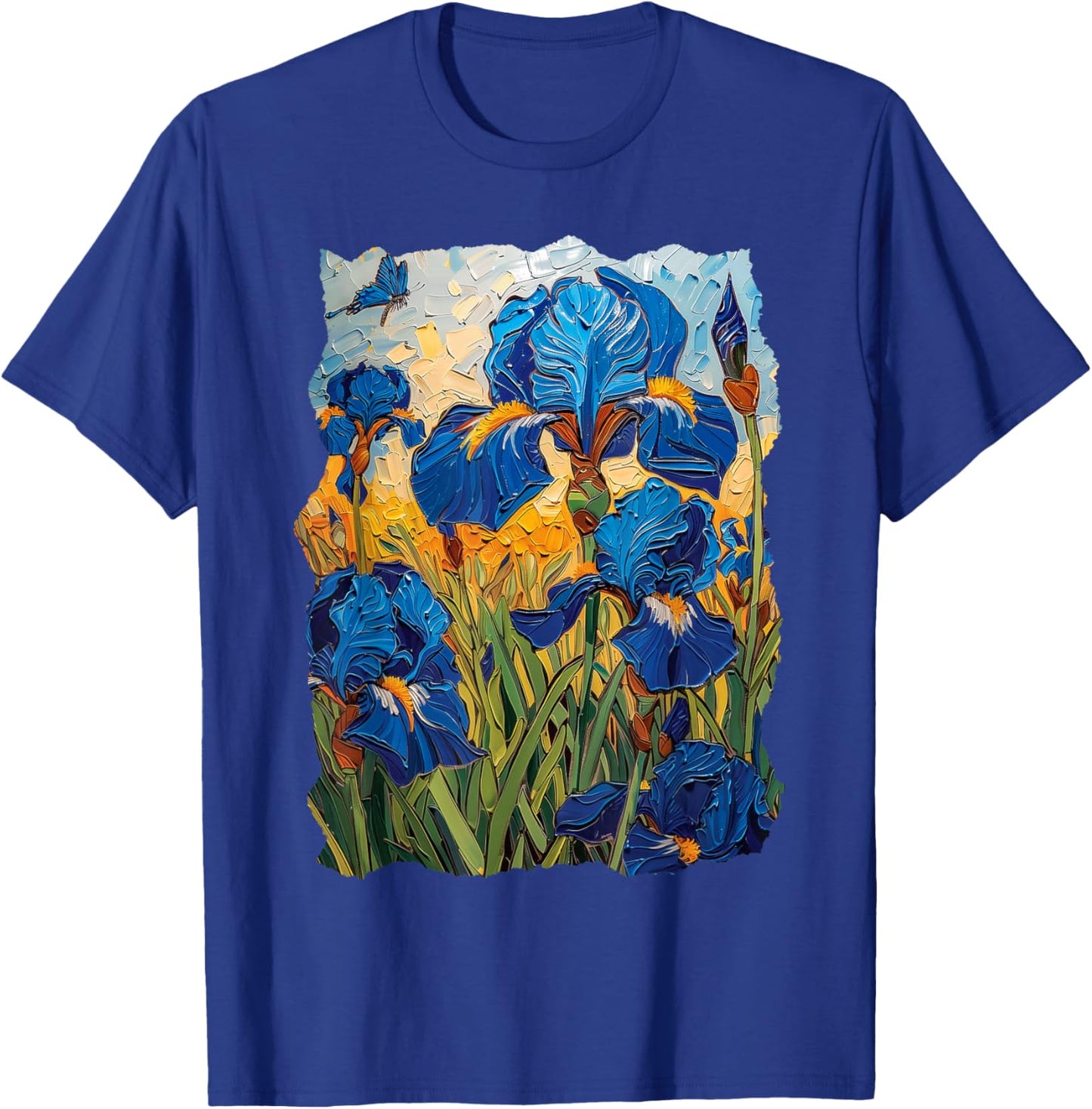 Starry Night Van Gogh Artistic Irises and Butterflies T-Shirt - T-Shirt | Royal