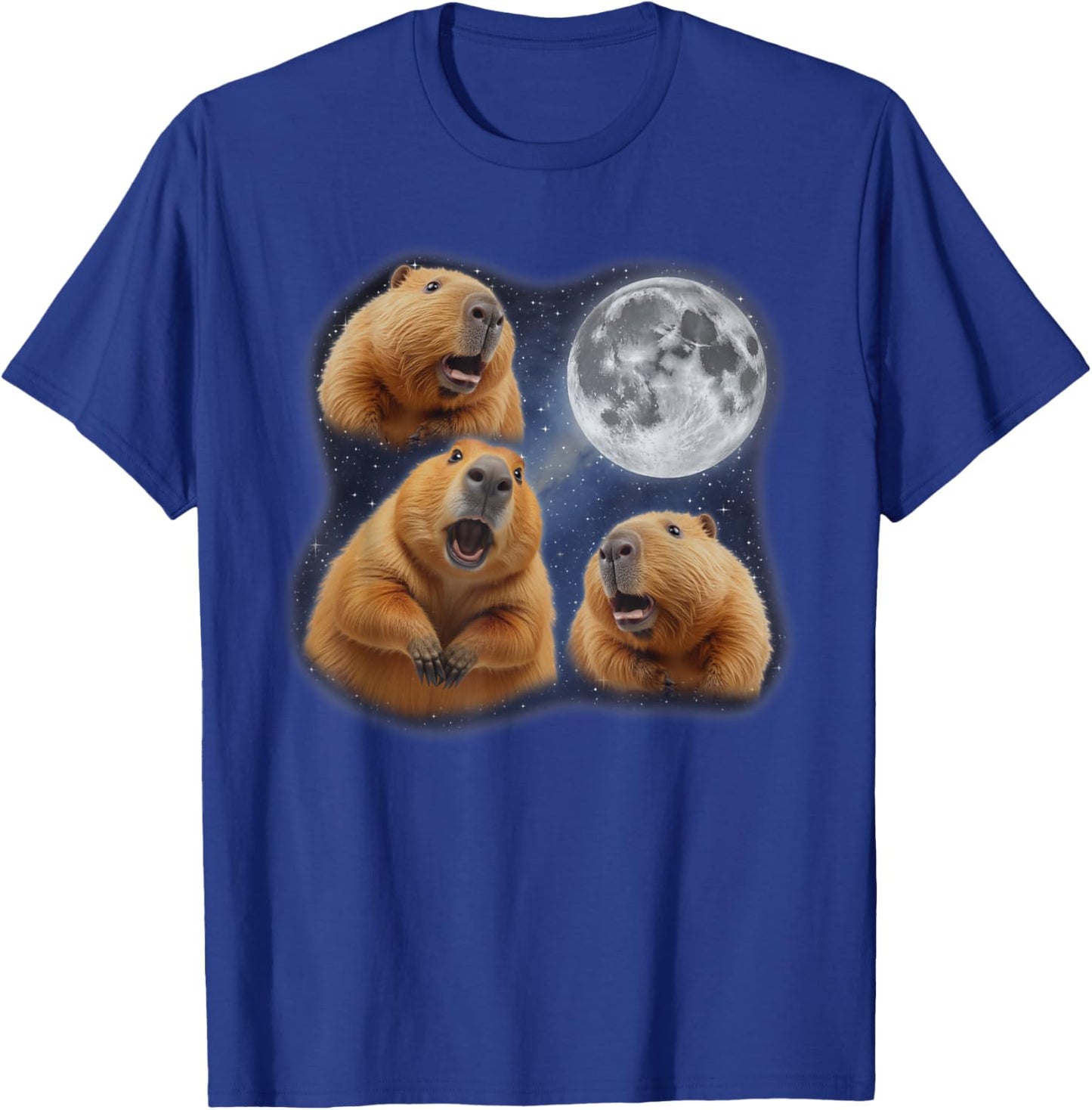 Three Capybara Moon 3 Howling At Moon Funny Weird Cursed T-Shirt - T-Shirt | Royal