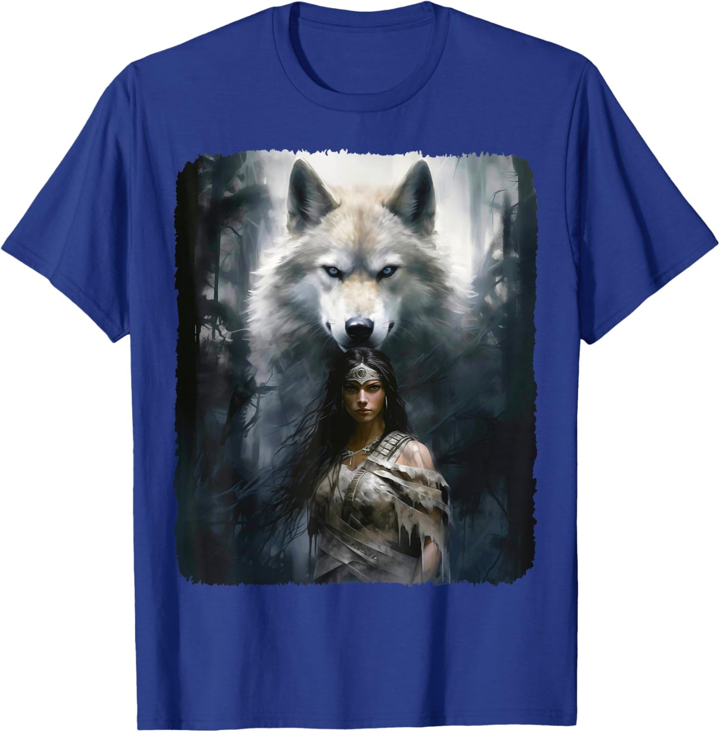 Warrior Woman with a White Wolf Fantasy T-Shirt - T-Shirt | Royal