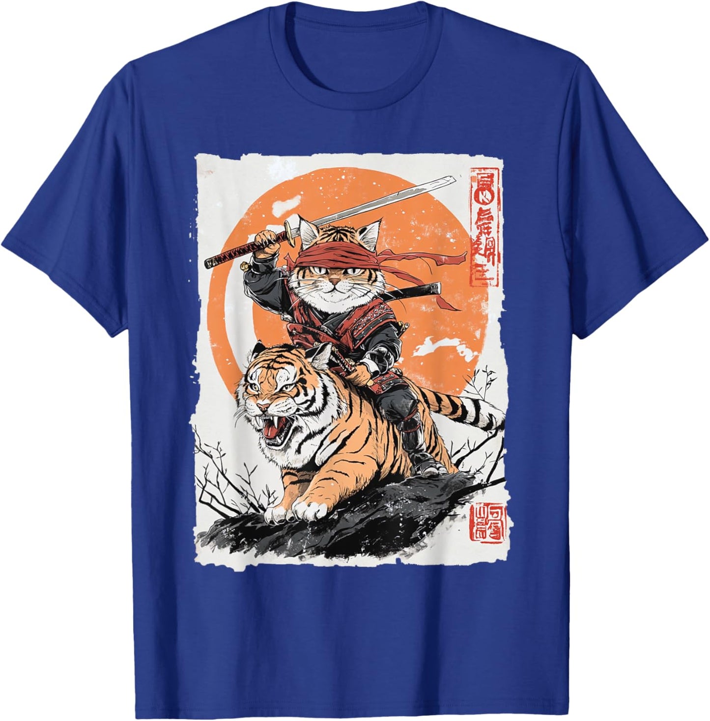 Ninja Cat Riding Tiger - Japanese Samurai Art Vintage Style Women Kids T-Shirt - T-Shirt | Royal